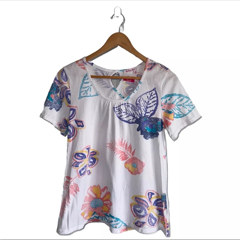 Fresh Produce Isabel Tee Top White Multi Color Floral Size XS Keyhole Back NWT